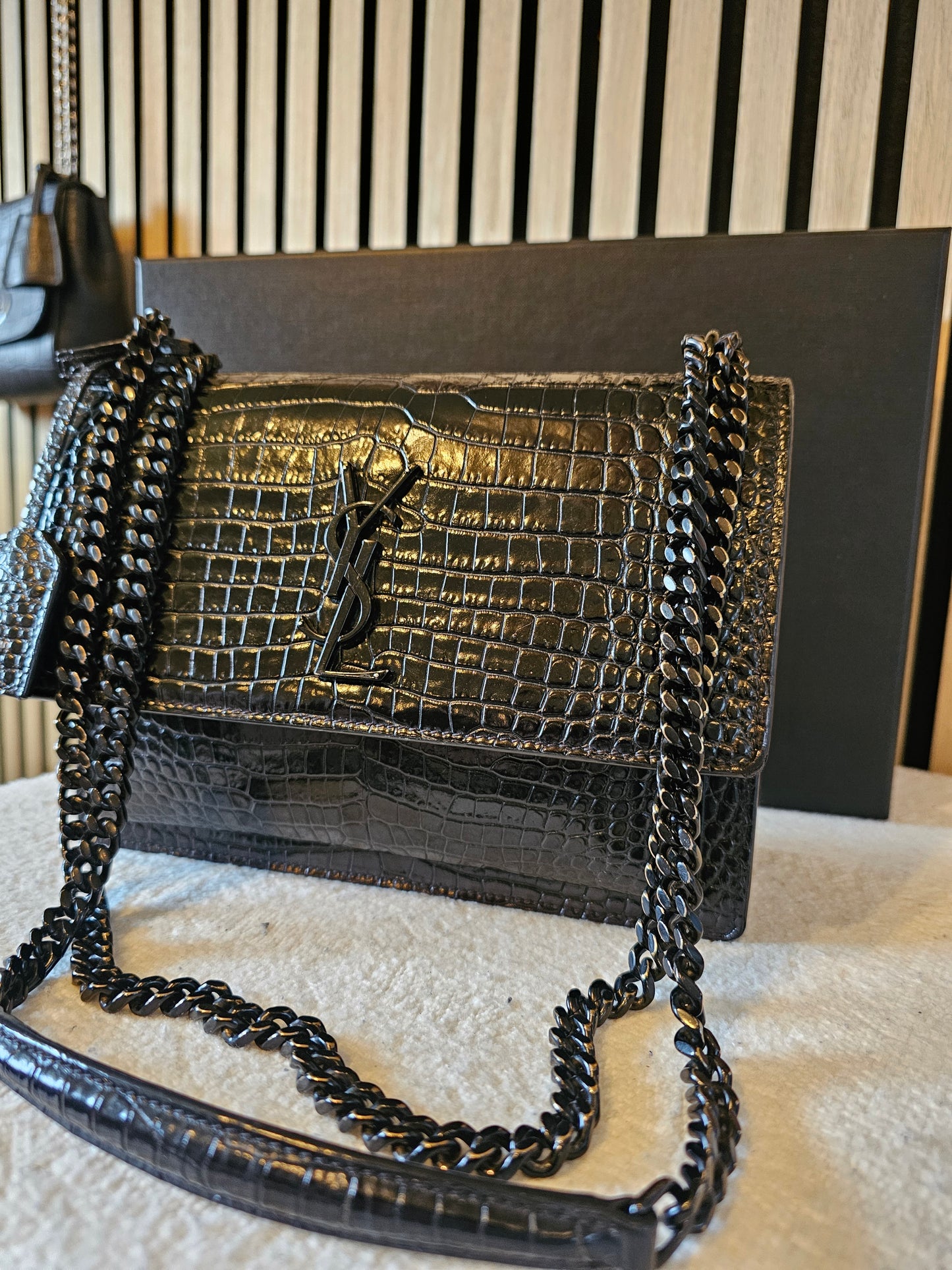 YSL-Saint Laurent - Sunset bag - M. croc.print. Black.