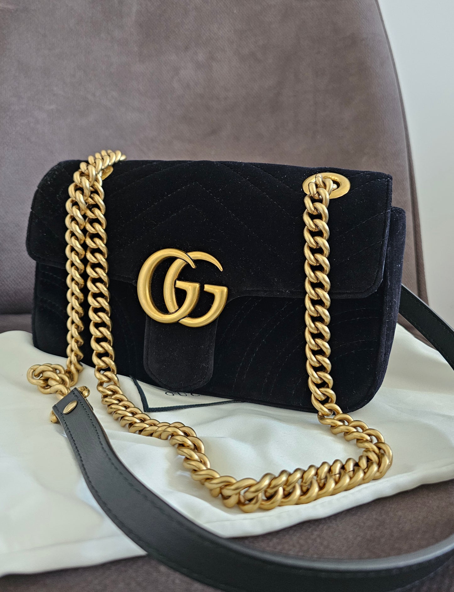 Gucci GG marmont bag, small, Black- velvet.