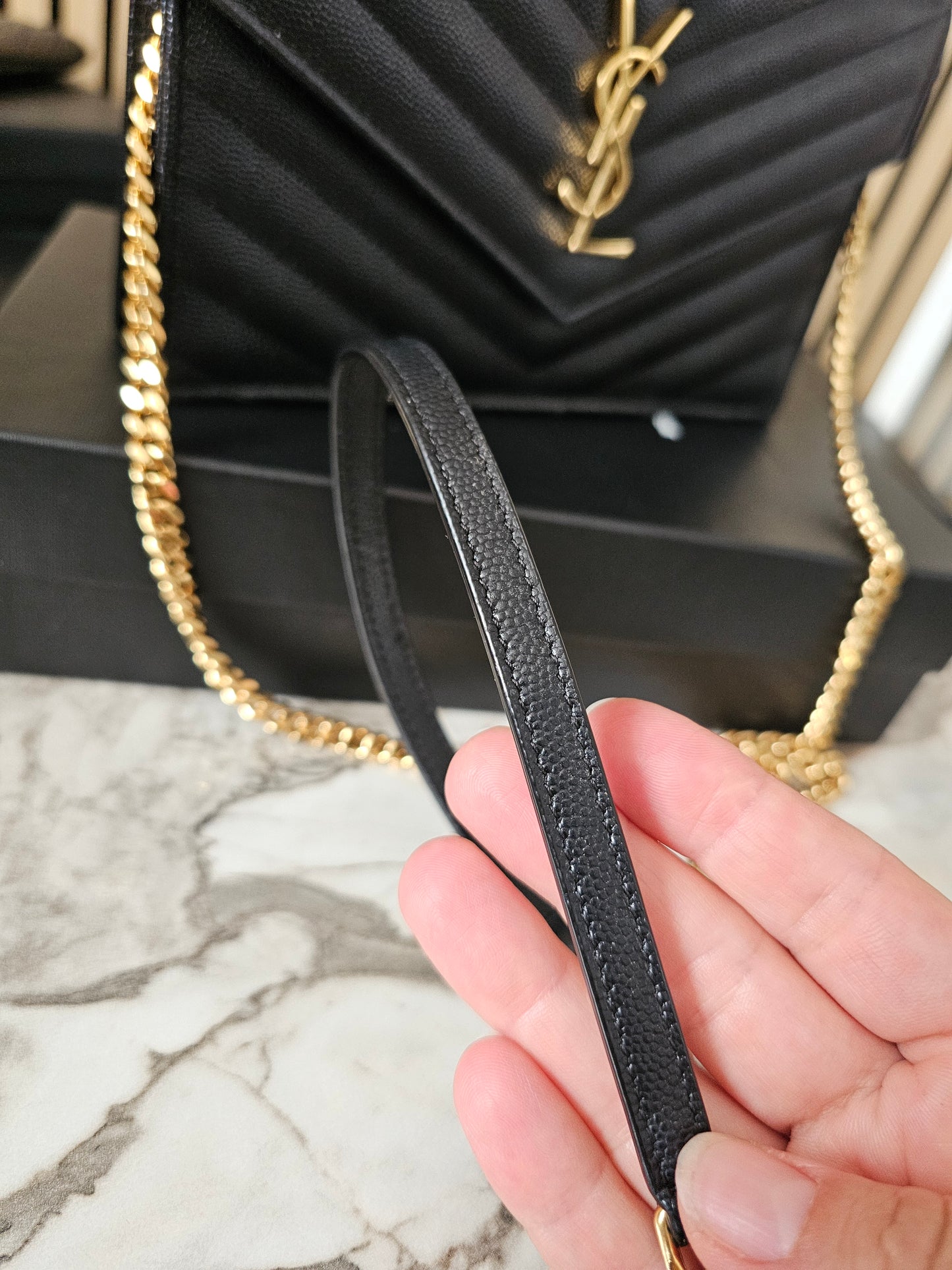Ysl Cassandre envelope Chain wallet, black with - GHW.