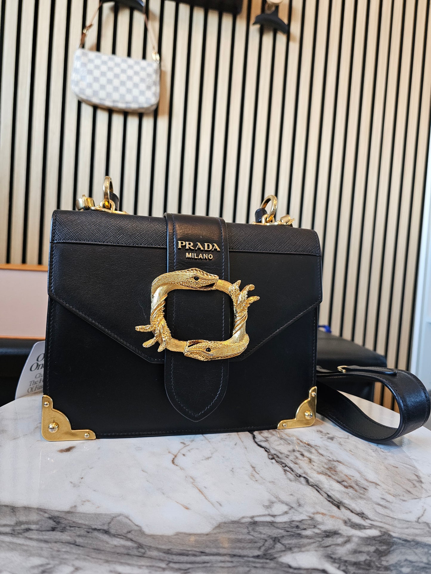 Prada Cahier bag animalier, black saffiano leather.