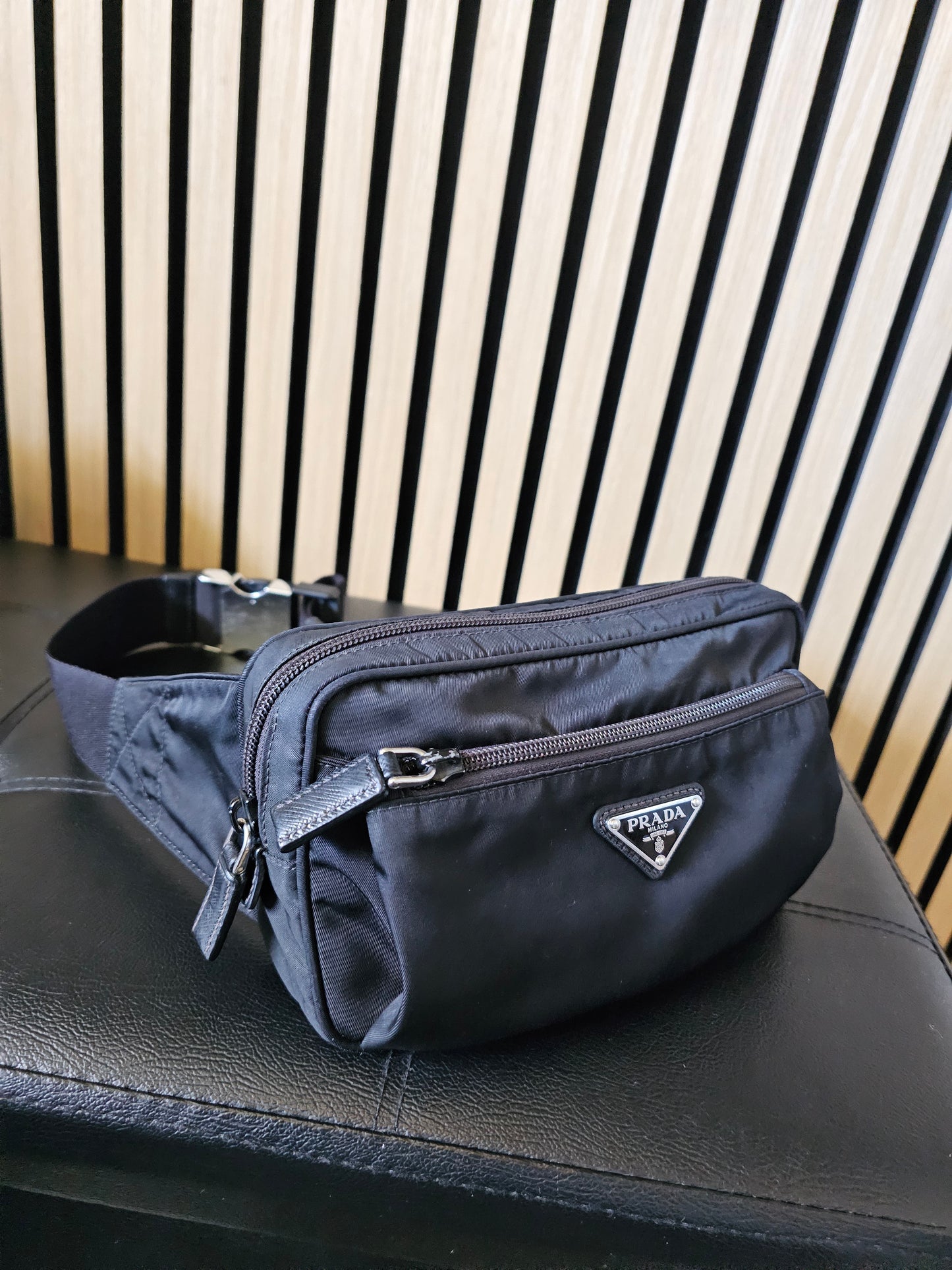 Prada belt bag black, re-nylon- saffiano leather.