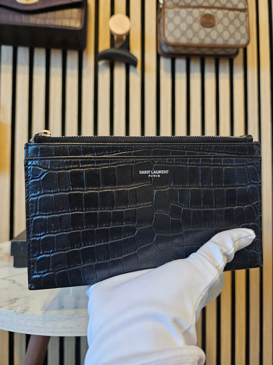 YSL slim purse, black croc print.