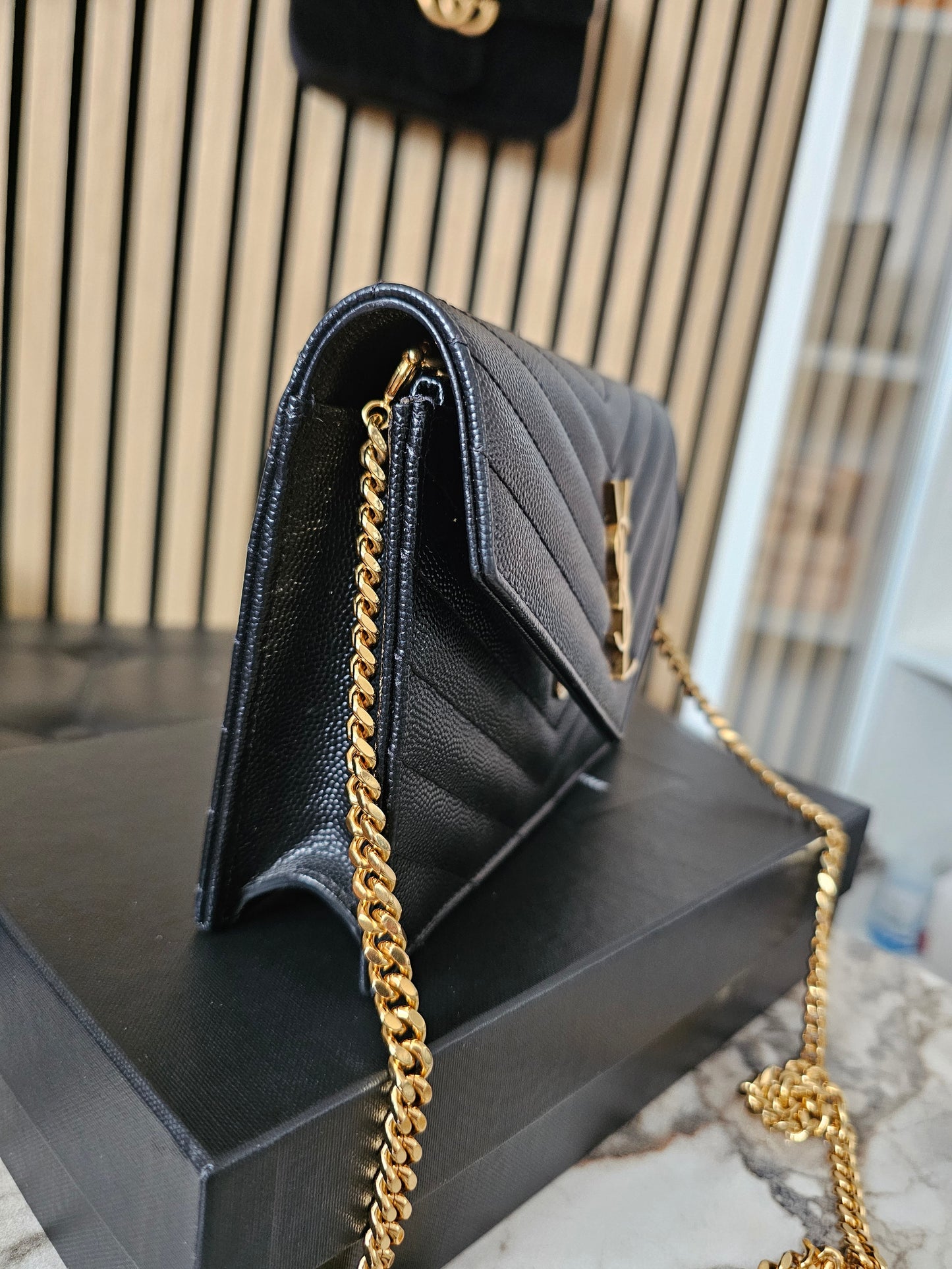 Ysl Cassandre envelope Chain wallet, black with - GHW.
