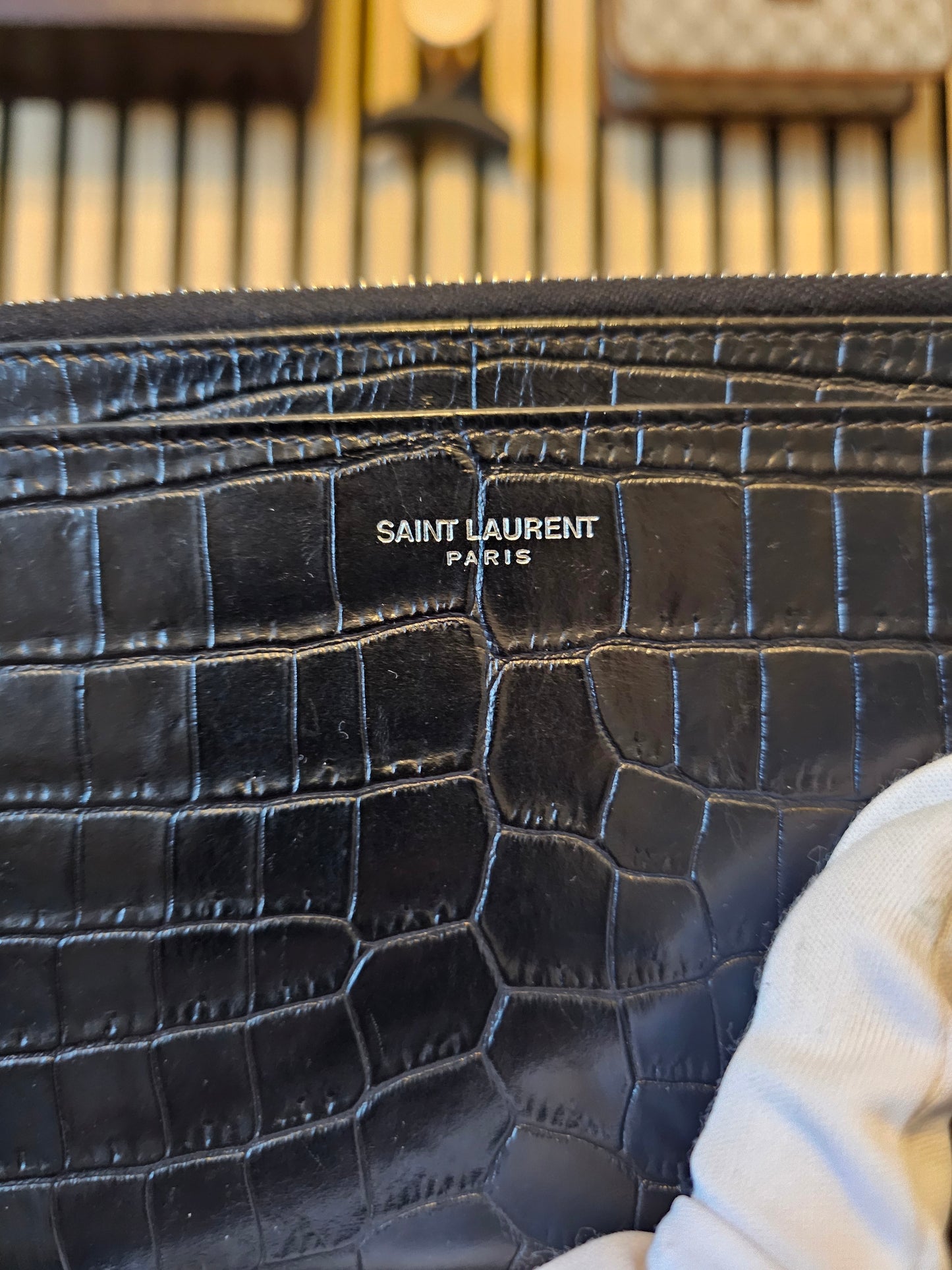 YSL slim purse, black croc print.