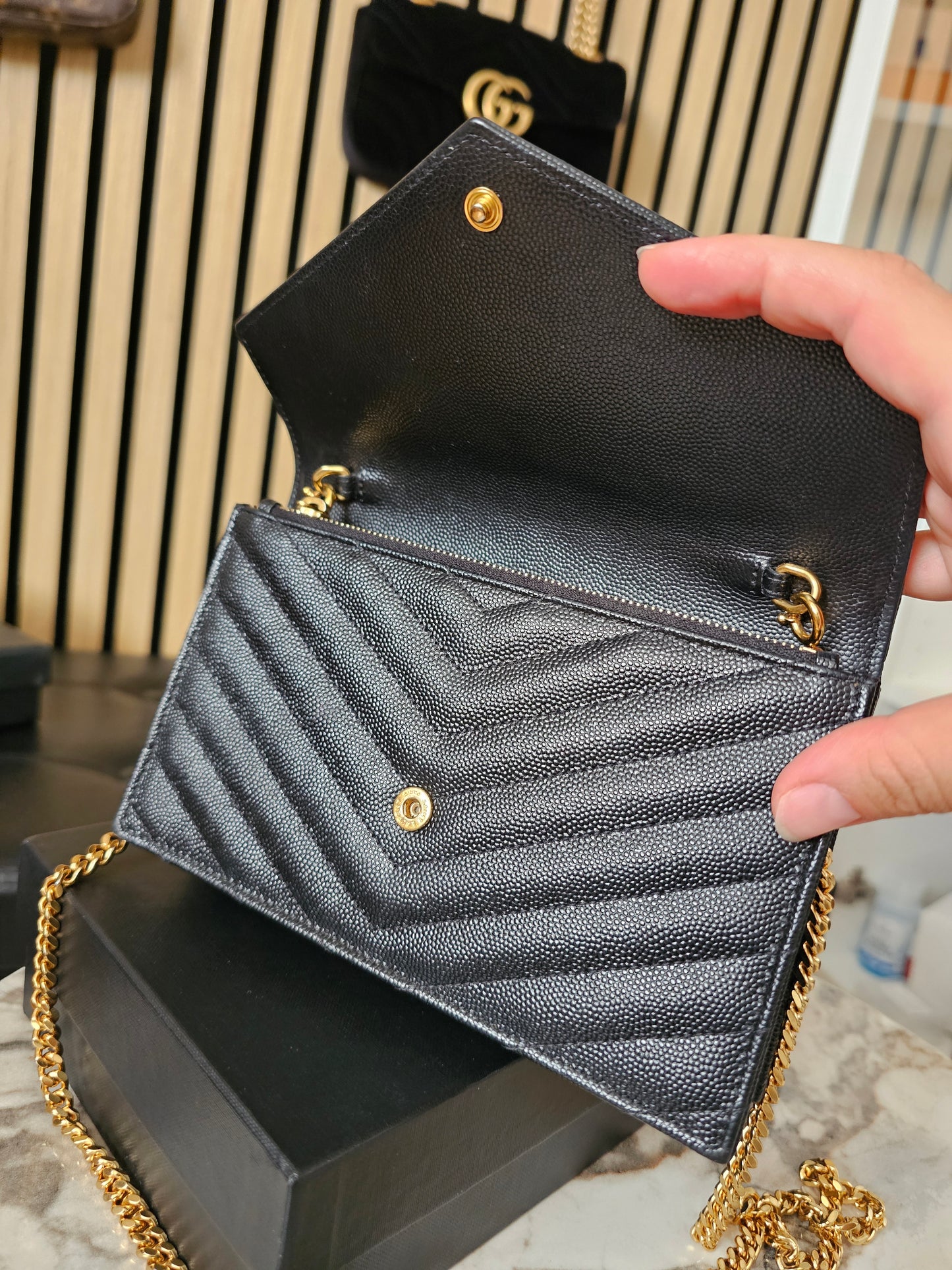 Ysl Cassandre envelope Chain wallet, black with - GHW.