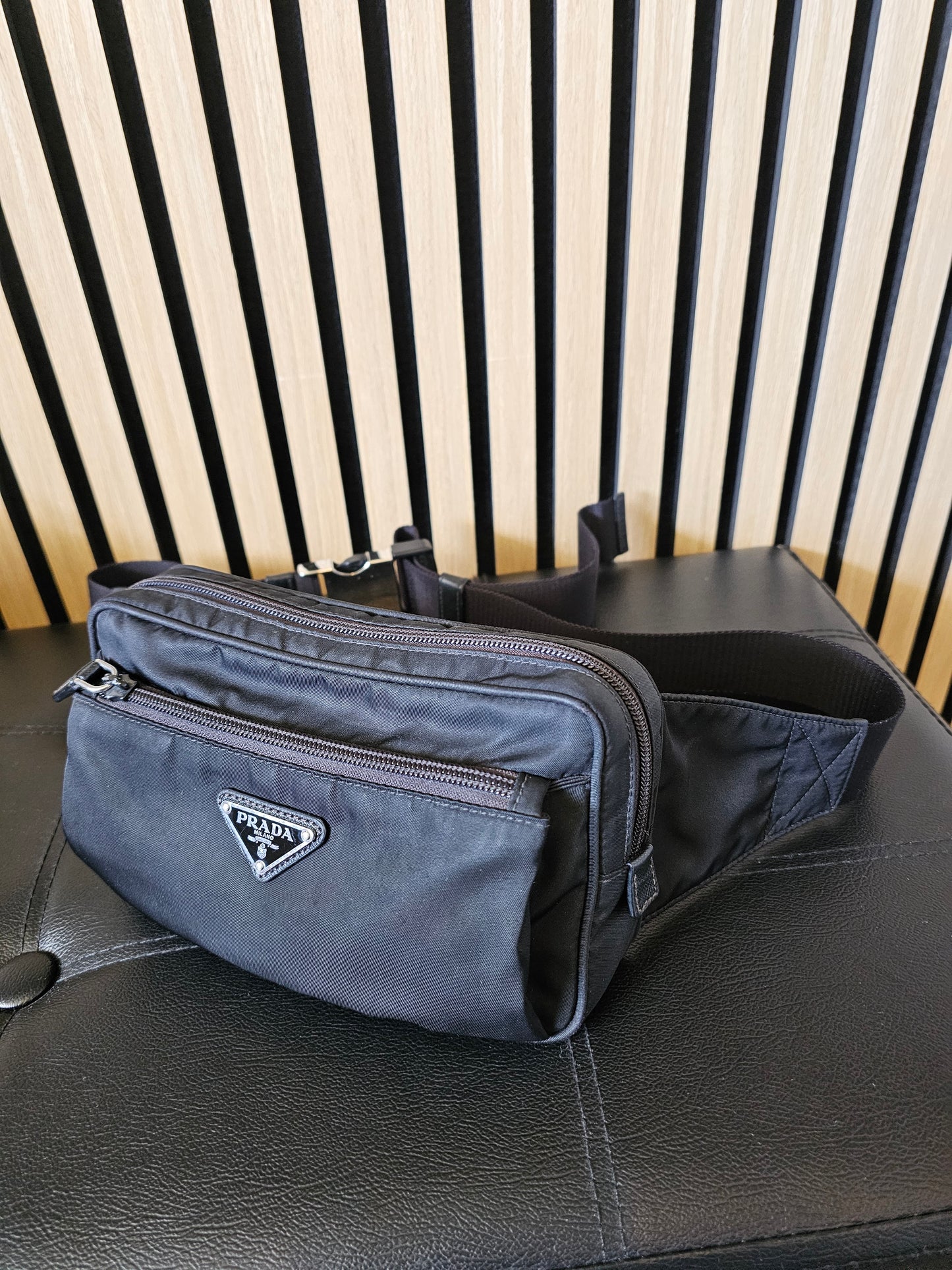 Prada belt bag black, re-nylon- saffiano leather.