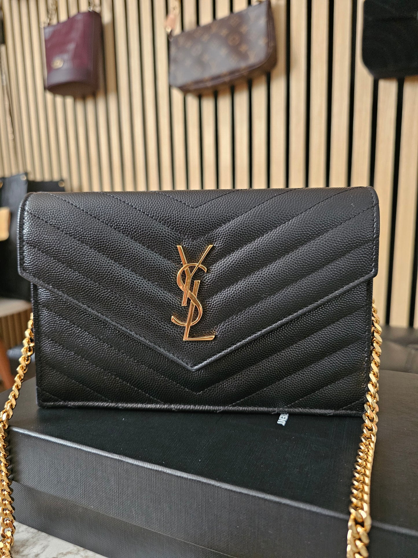 Ysl Cassandre envelope Chain wallet, black with - GHW.