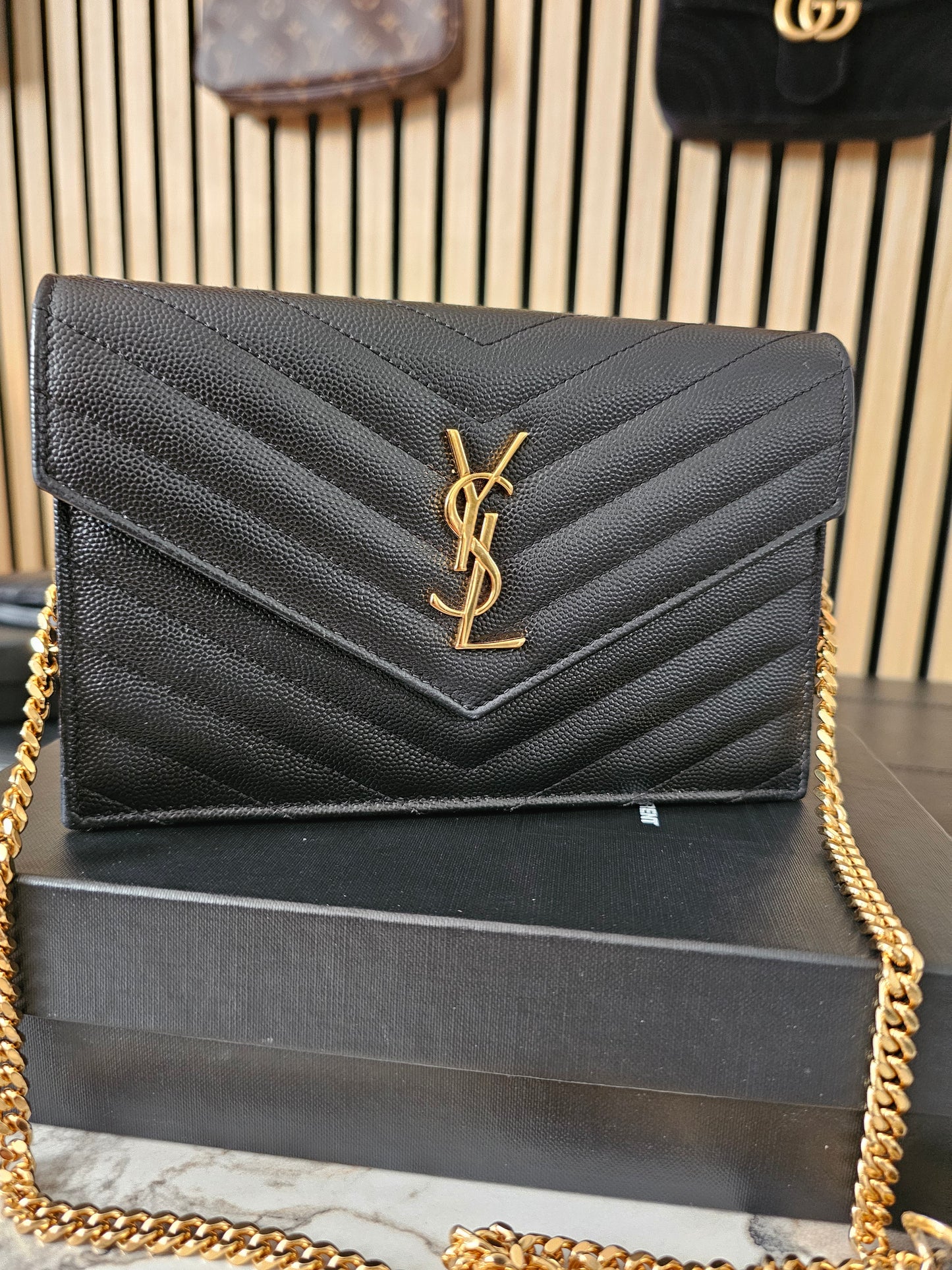 Ysl Cassandre envelope Chain wallet, black with - GHW.