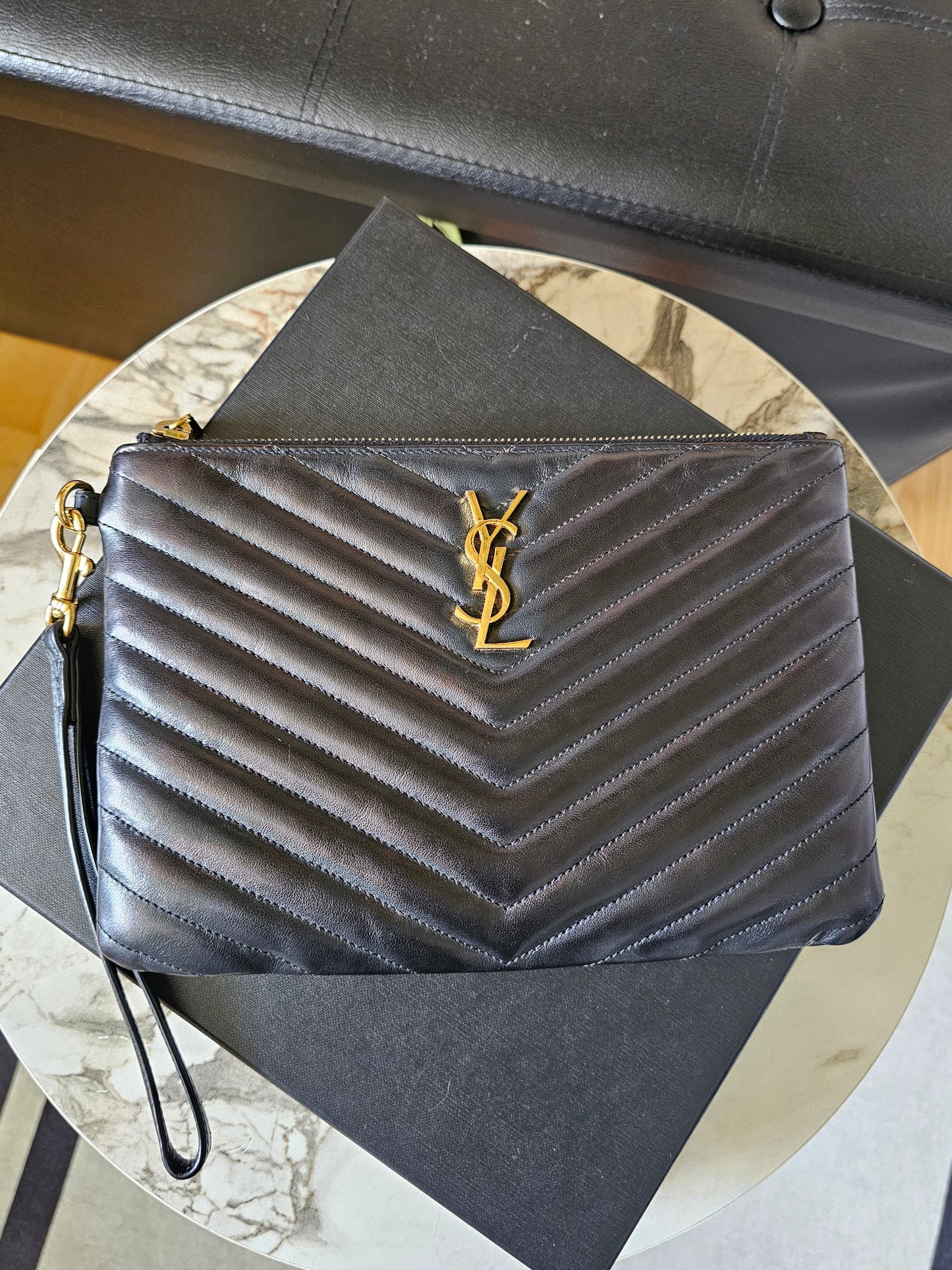 379039- YSL Cassandre matelasse pouch, black, leather.