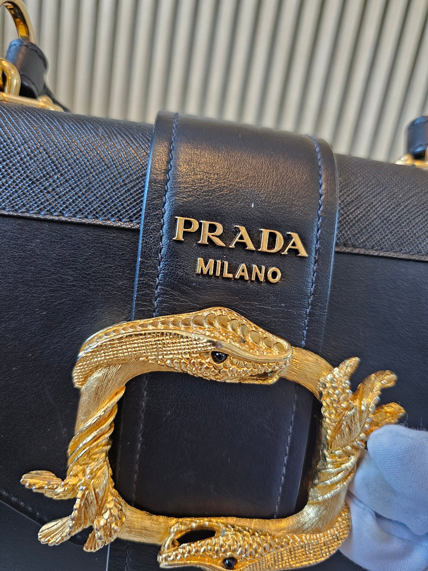 Prada Cahier bag animalier, black saffiano leather.