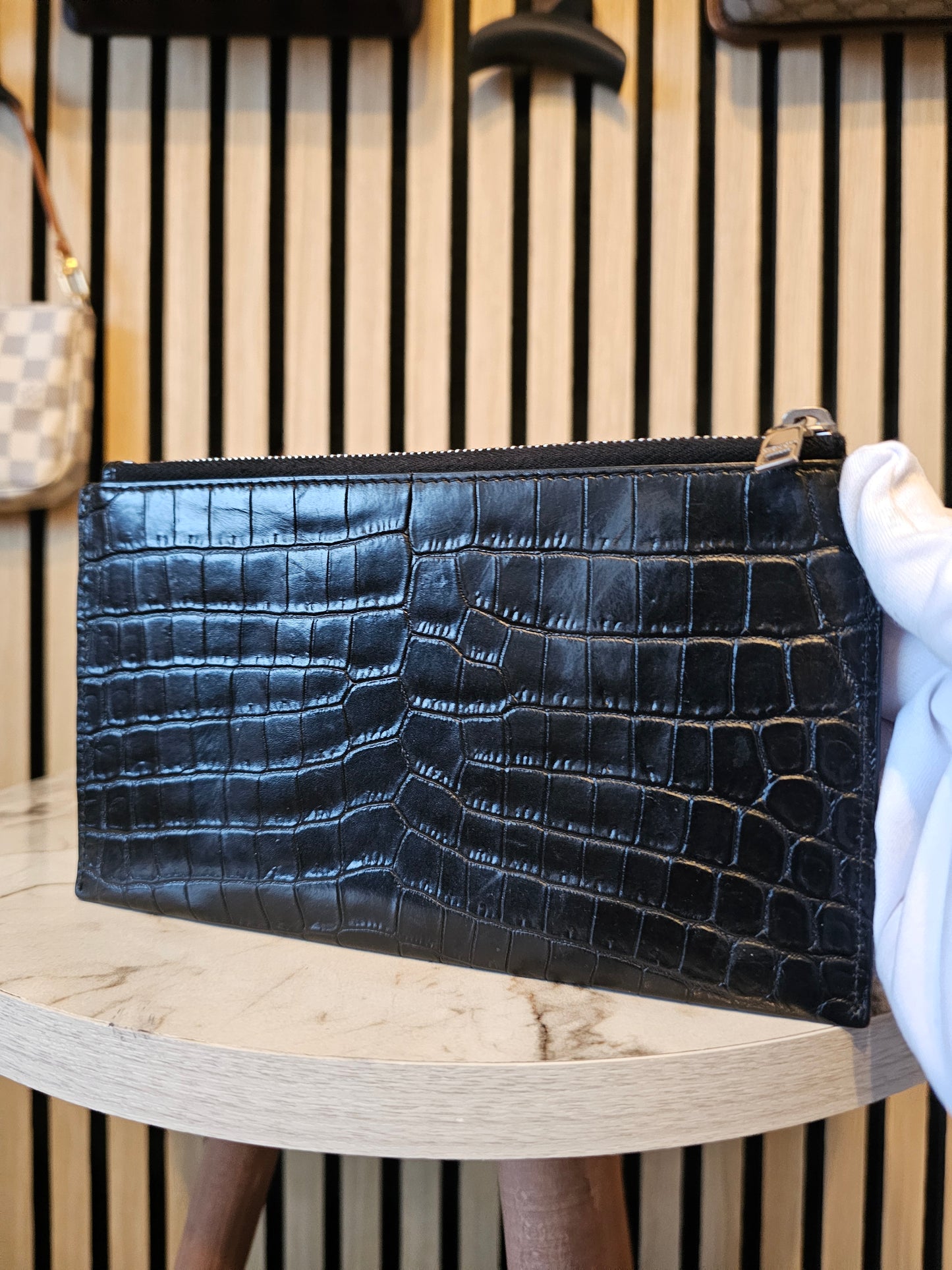 YSL slim purse, black croc print.