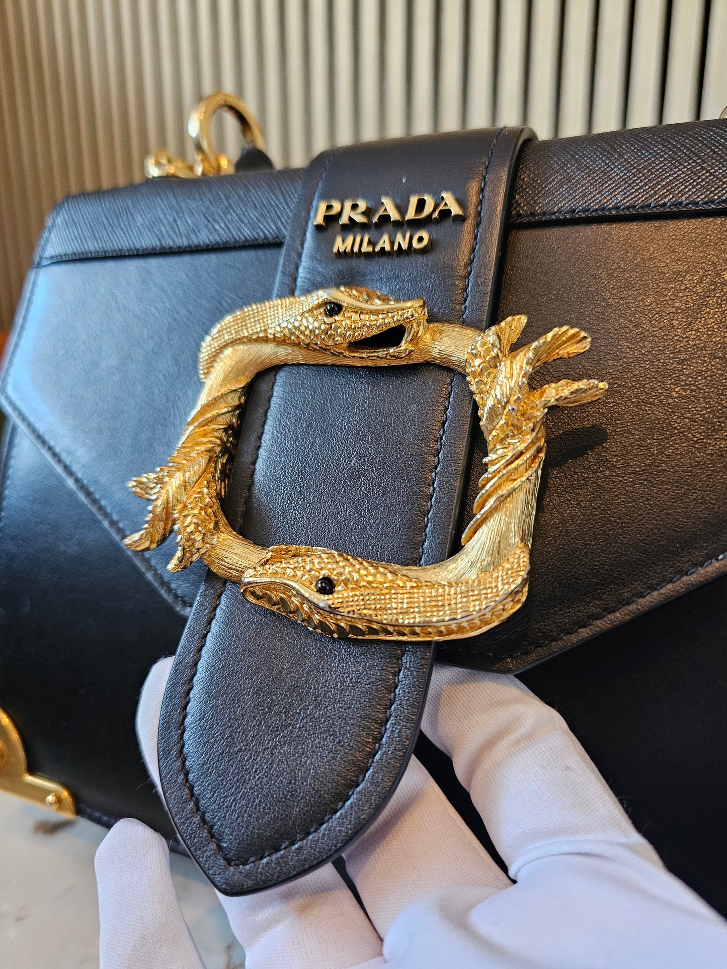Prada Cahier bag animalier, black saffiano leather.