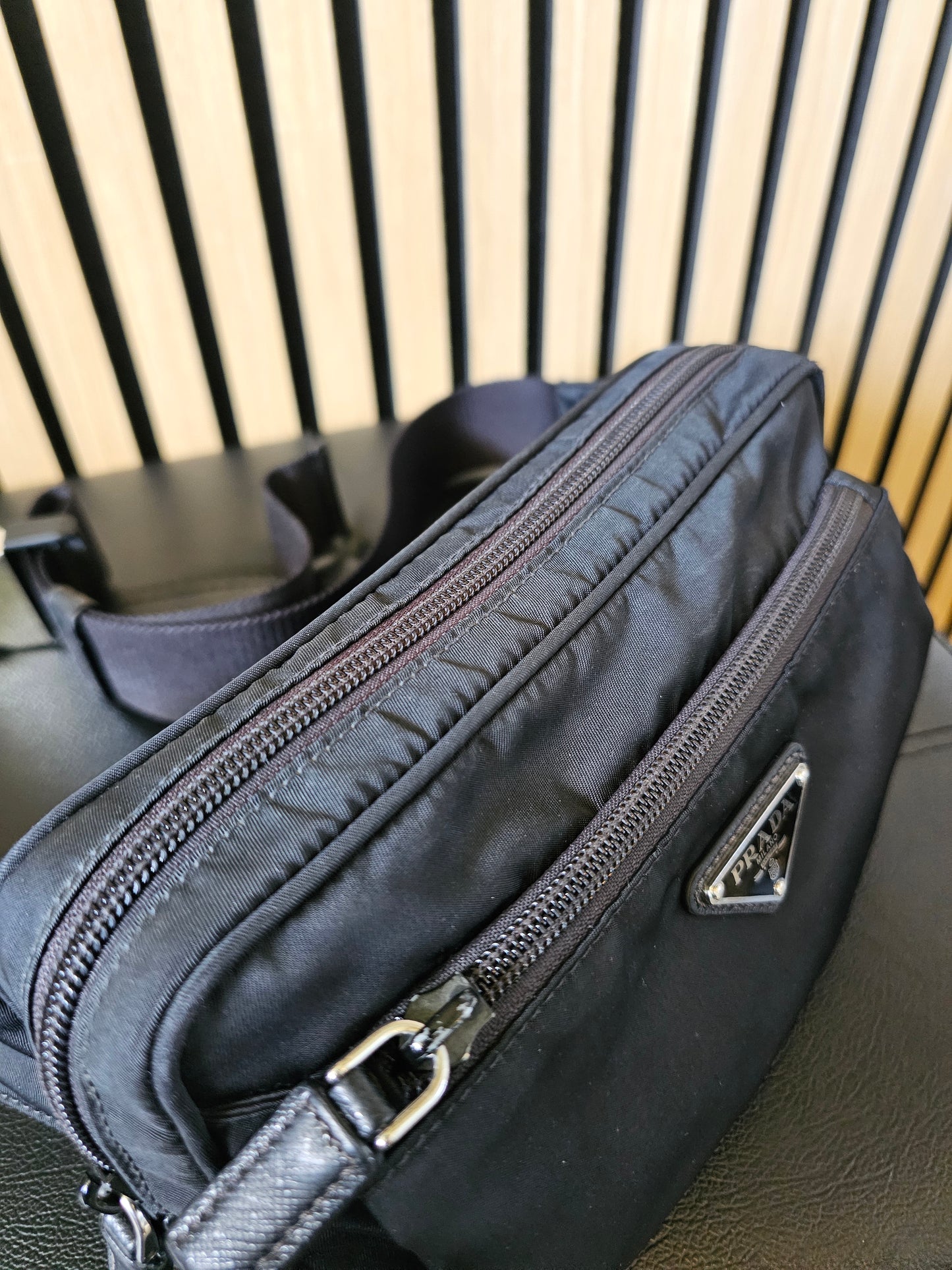 Prada belt bag black, re-nylon- saffiano leather.