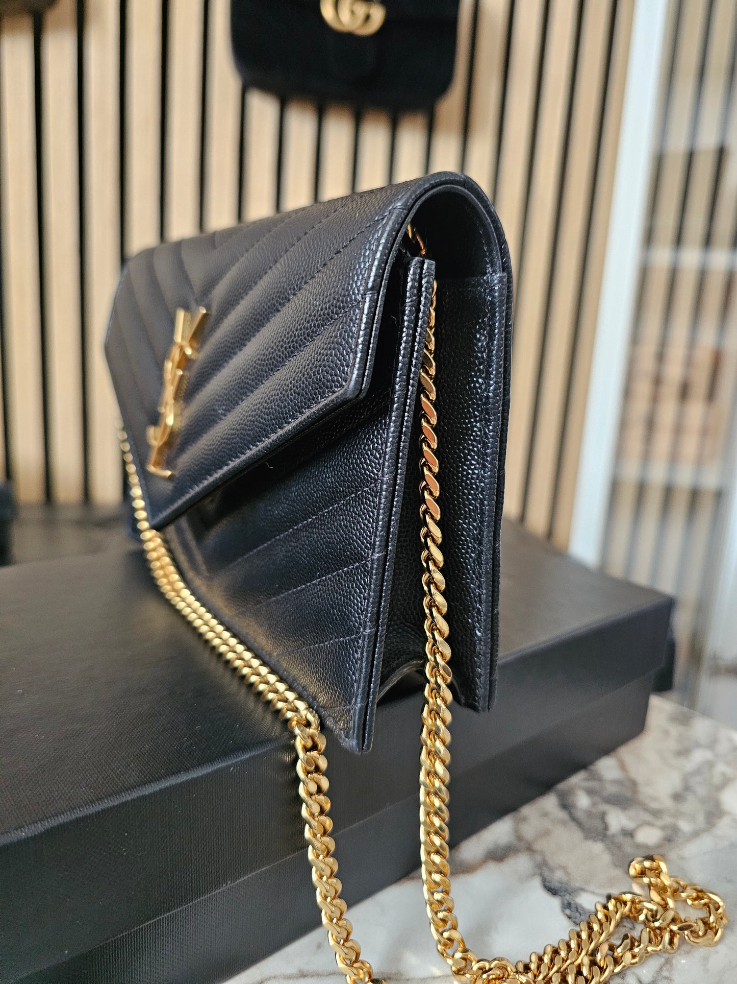 Ysl Cassandre envelope Chain wallet, black with - GHW.