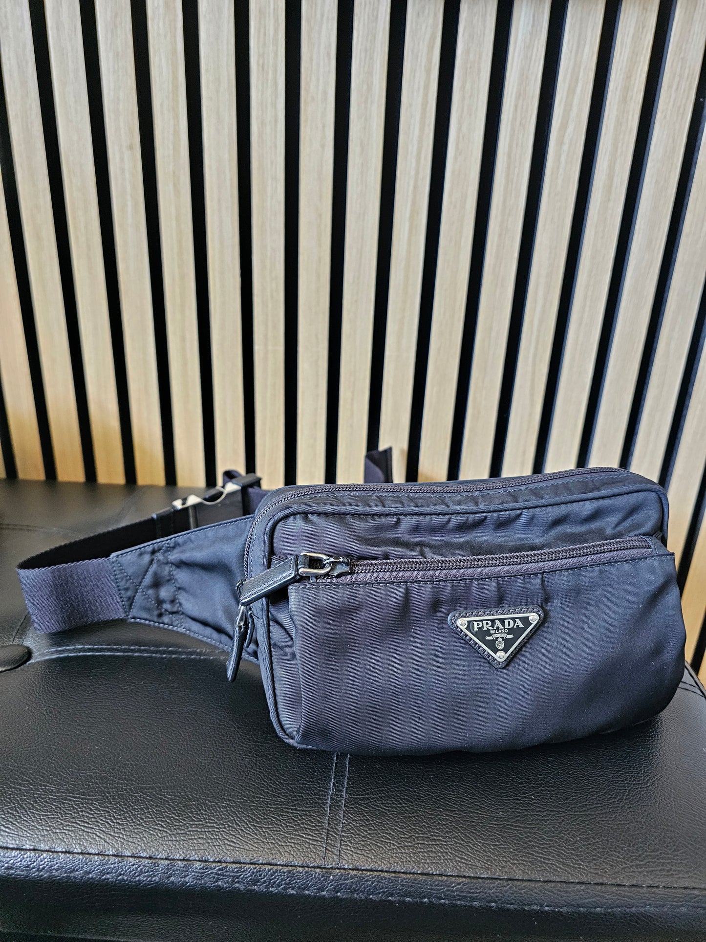 Prada belt bag black, re-nylon- saffiano leather.