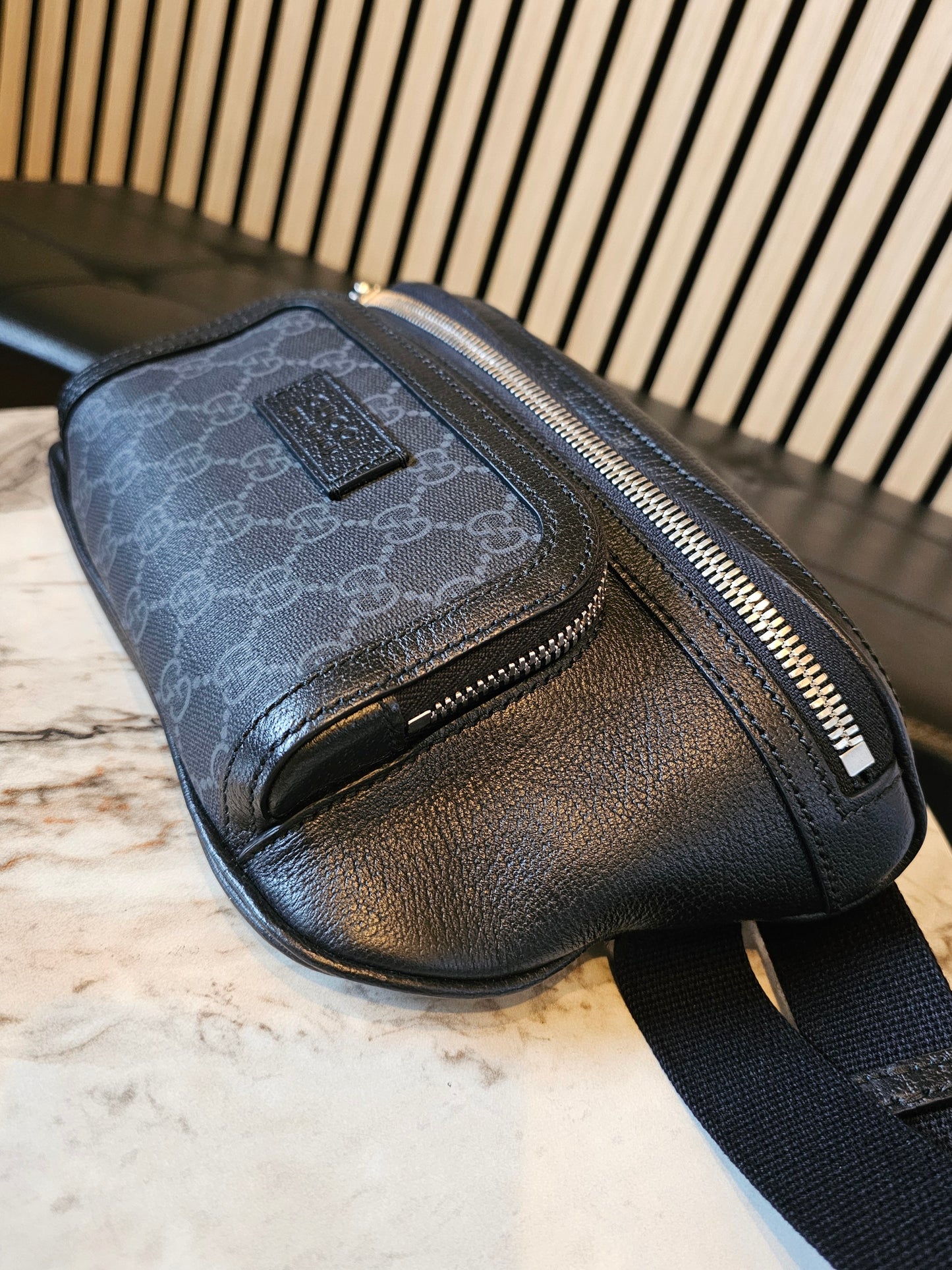 795463 - Gucci black beltbag, GG supreme.
