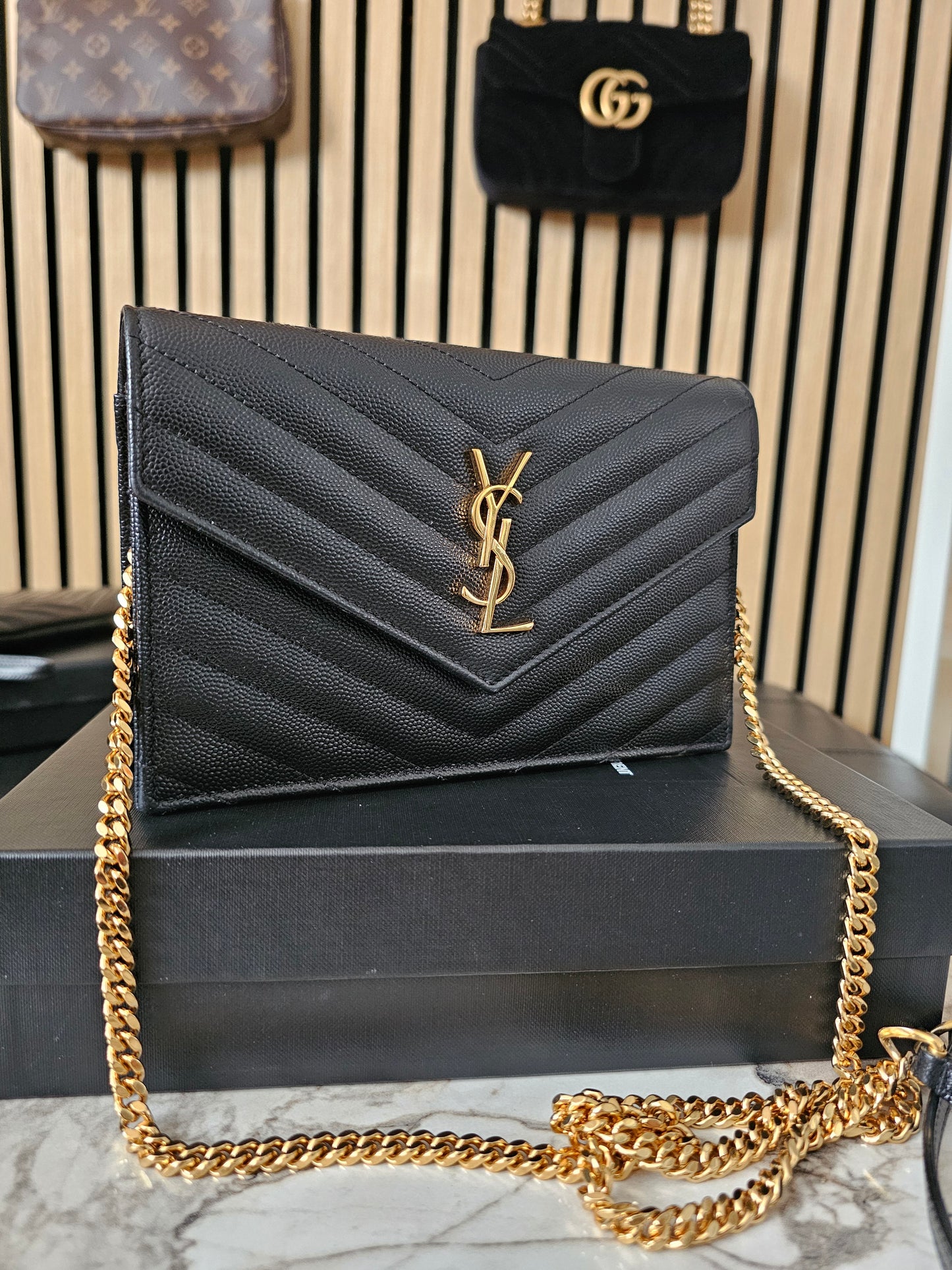 Ysl Cassandre envelope Chain wallet, black with - GHW.