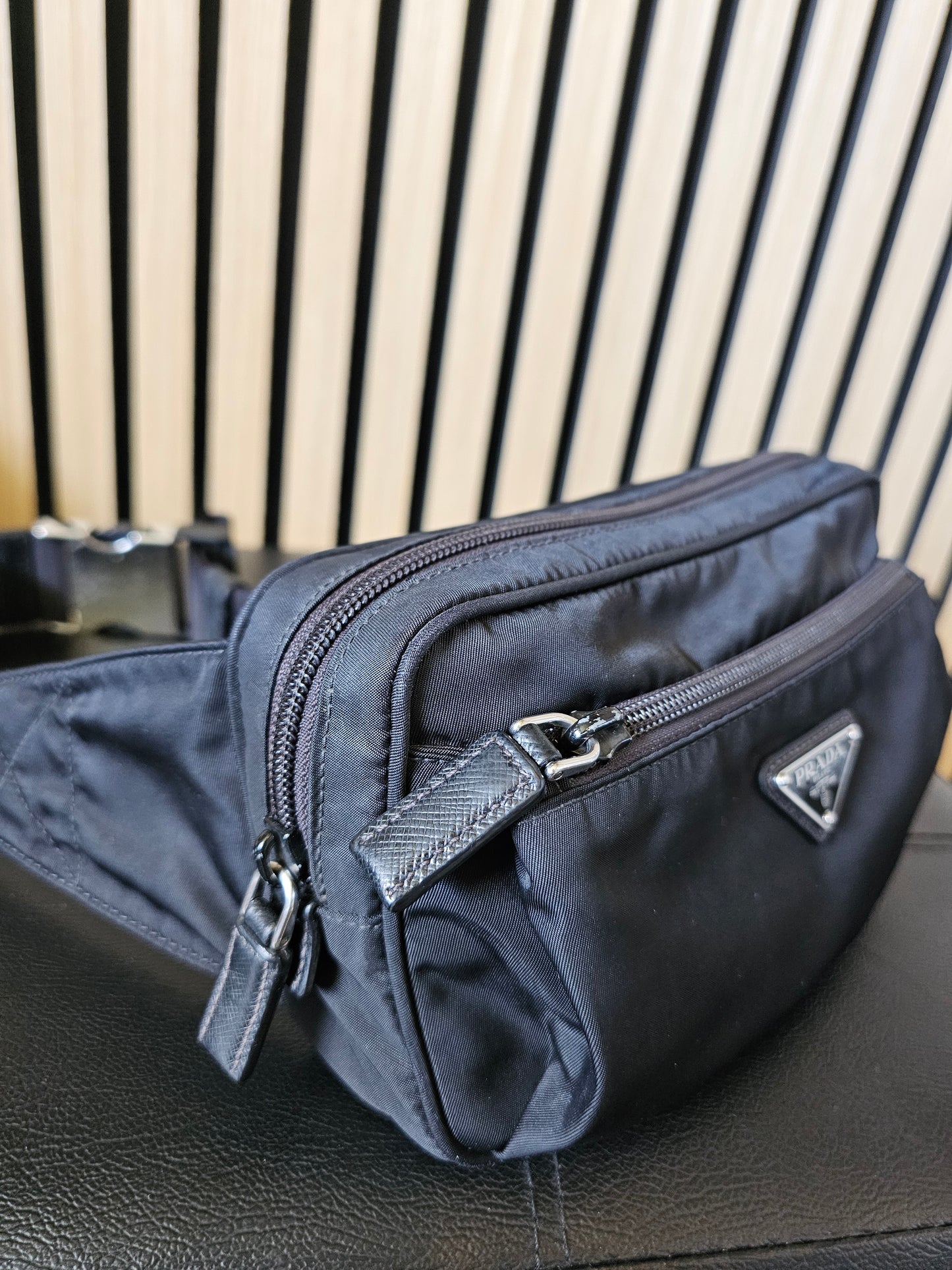 Prada belt bag black, re-nylon- saffiano leather.