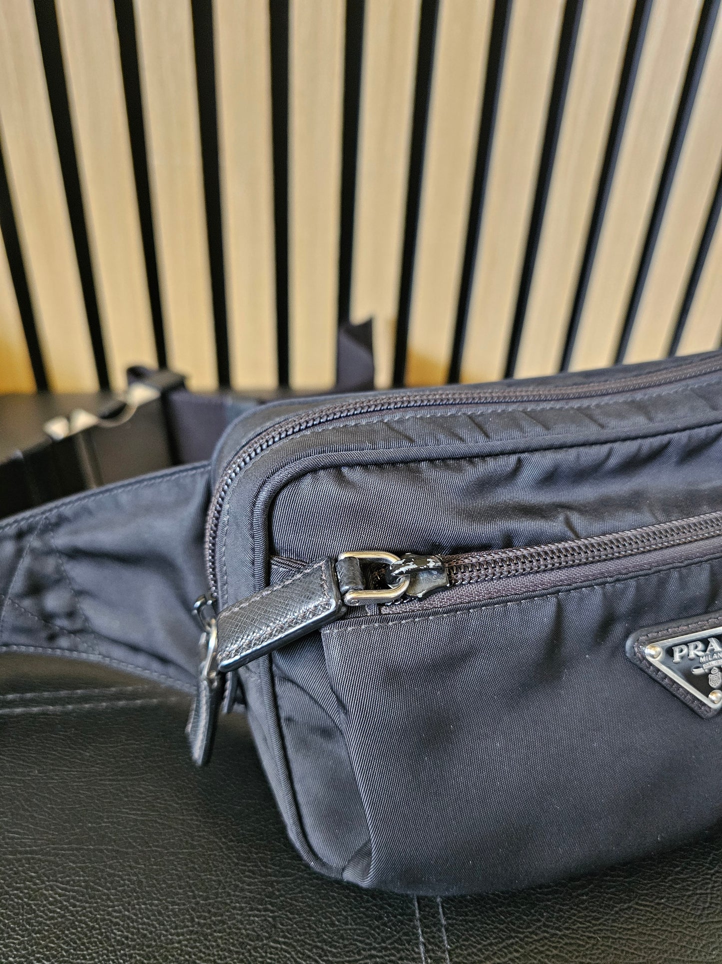 Prada belt bag black, re-nylon- saffiano leather.